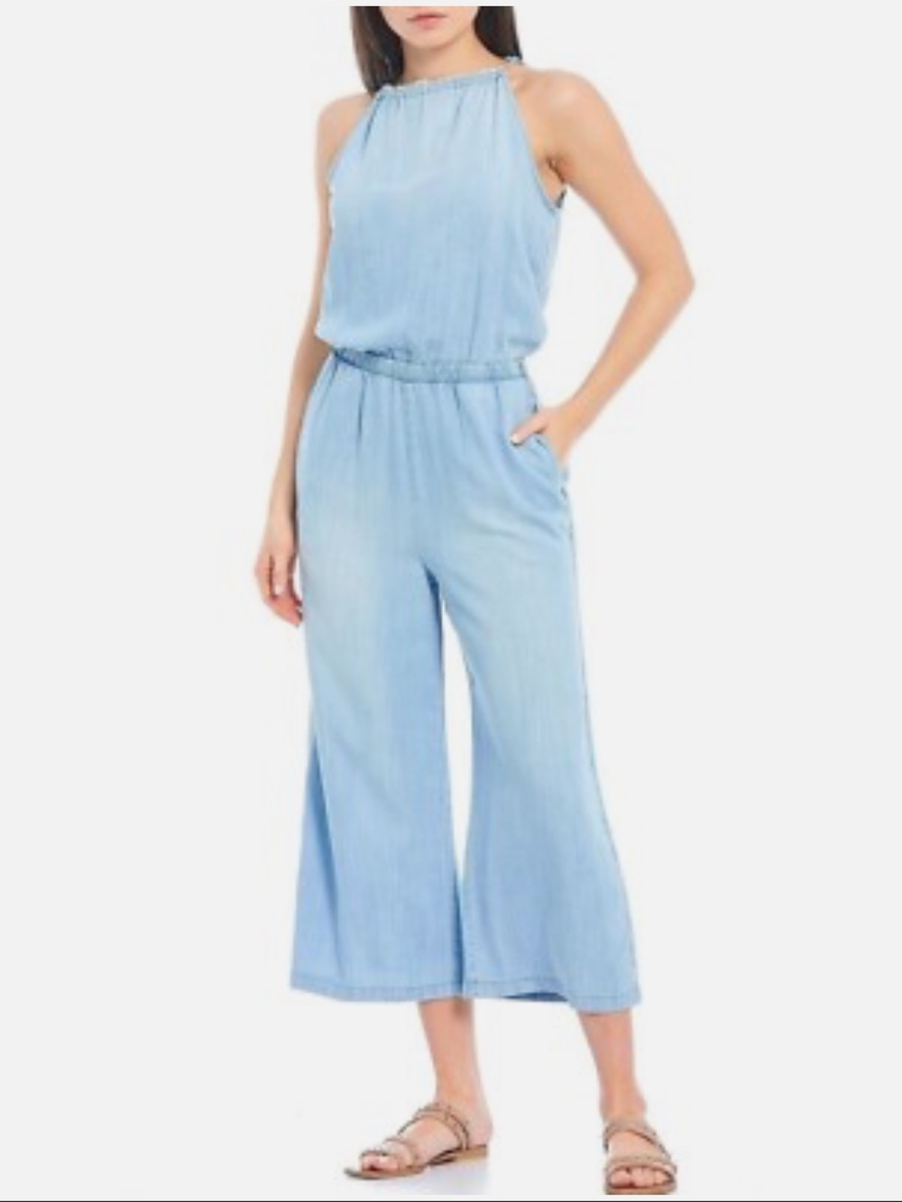 CLOTH & STONE JUMPSUIT Size S SMALL High Neck Wide Leg Cropped Chambray Blue